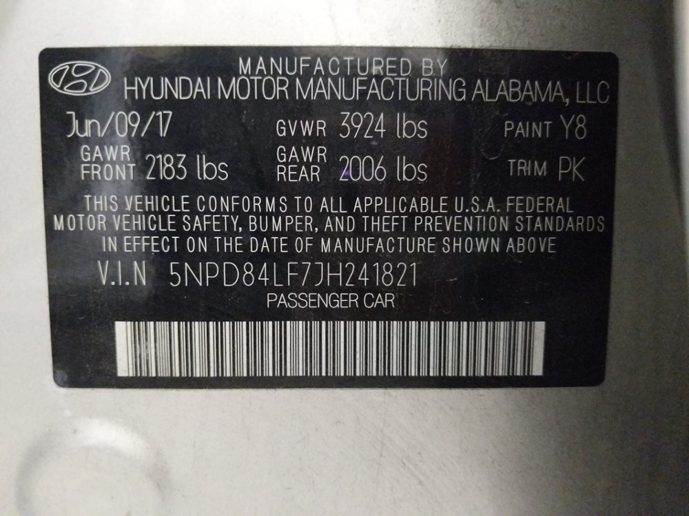 2018 Hyundai Elantra - VIN Plate