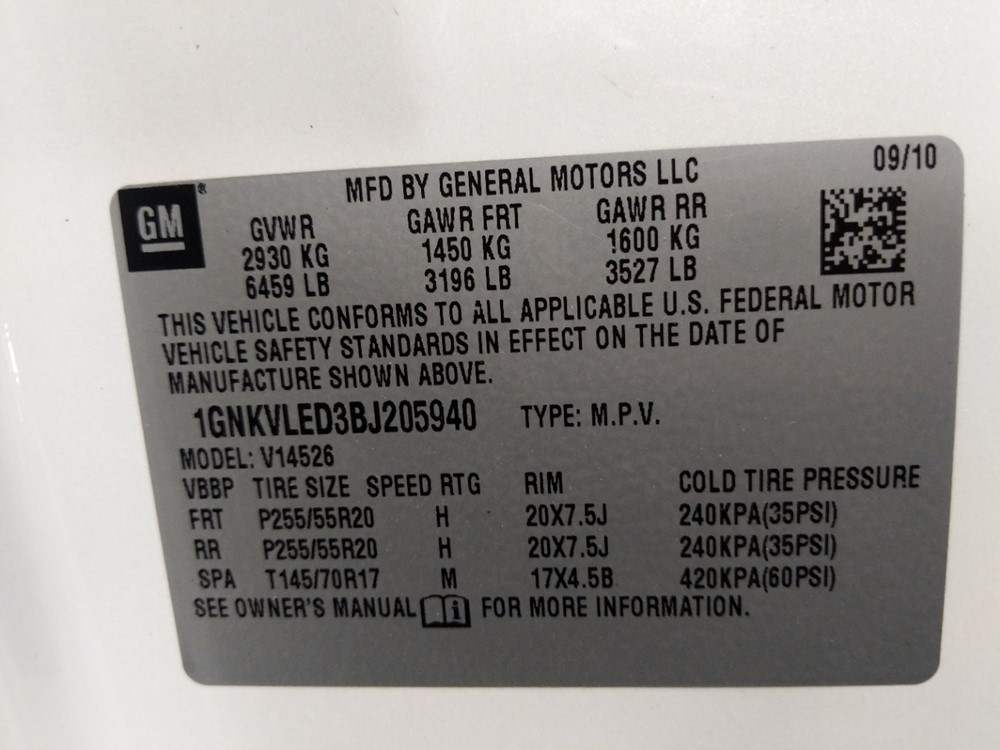2011 Chevrolet Traverse - VIN Plate