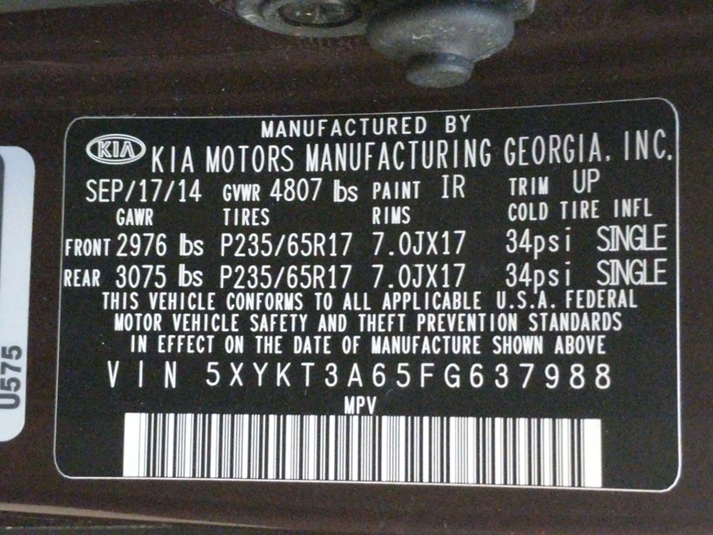 2015 Kia Sorento - VIN Plate