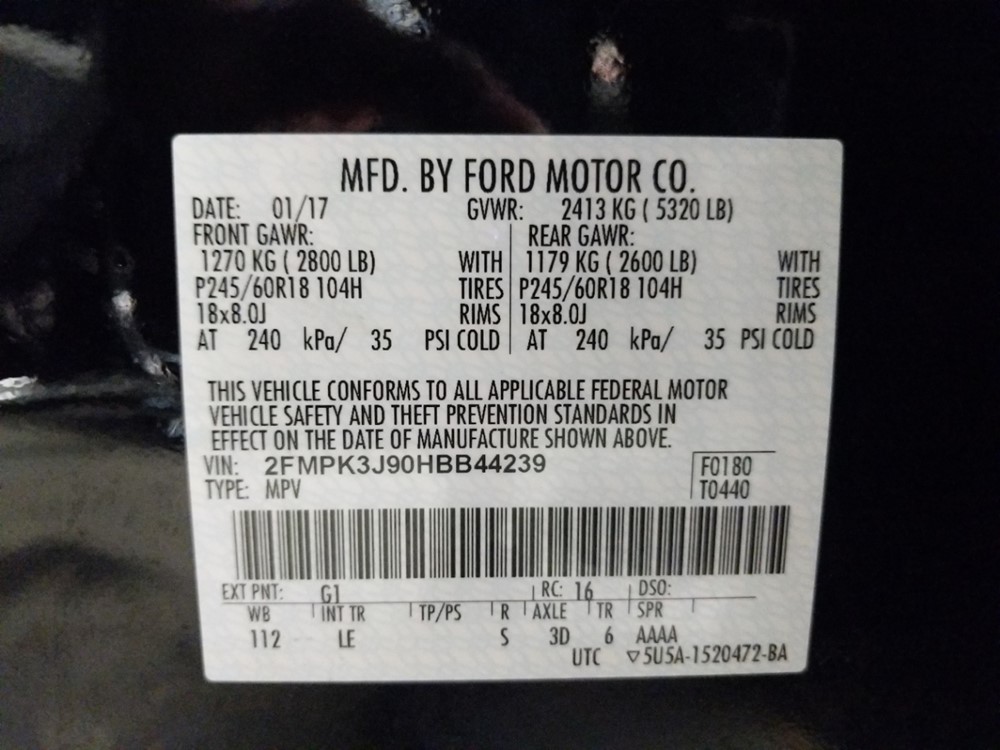2017 Ford Edge - VIN Plate