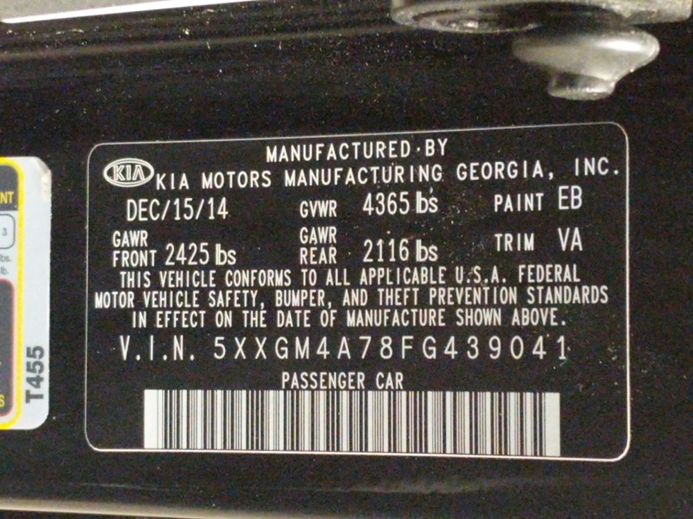 2015 Kia Optima - VIN Plate