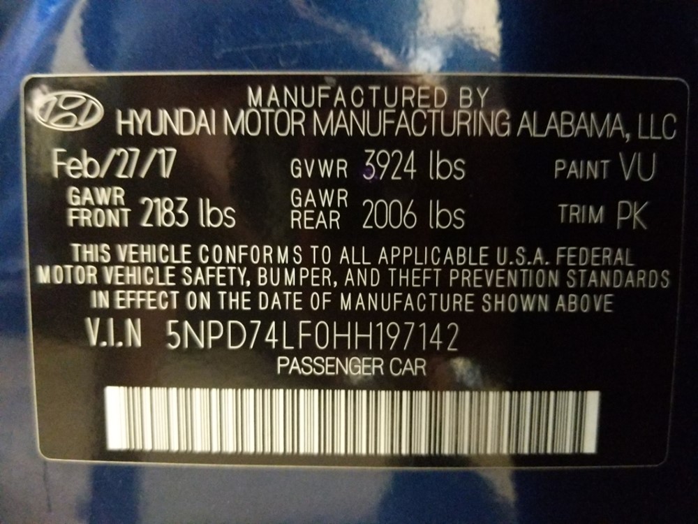 2017 Hyundai Elantra - VIN Plate