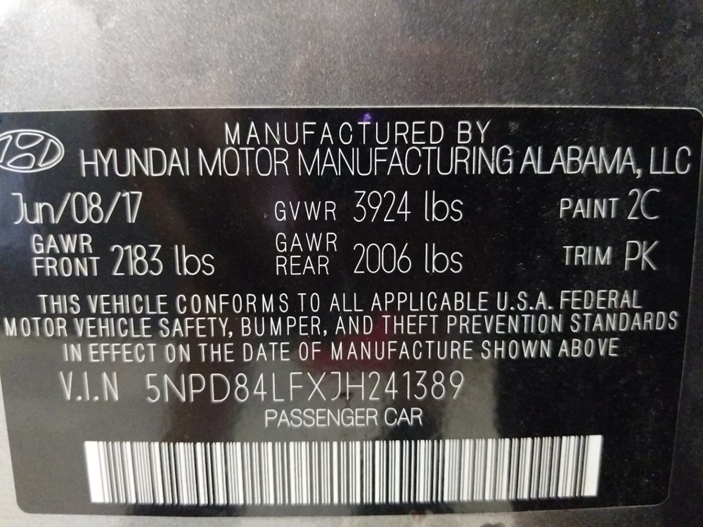 2018 Hyundai Elantra - VIN Plate