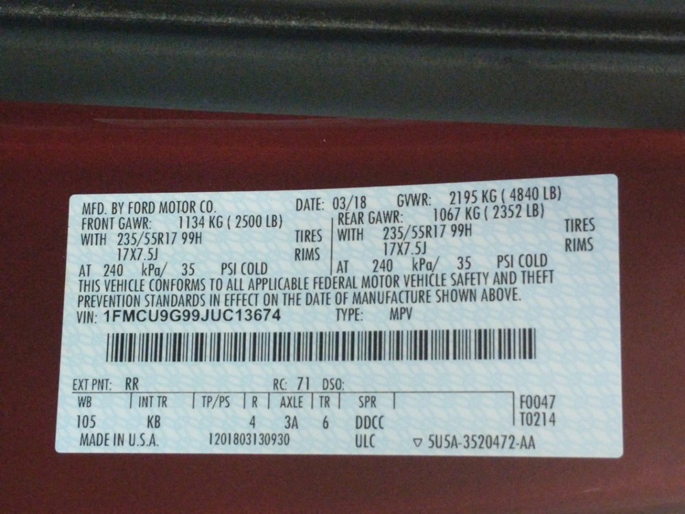2018 Ford Escape - VIN Plate