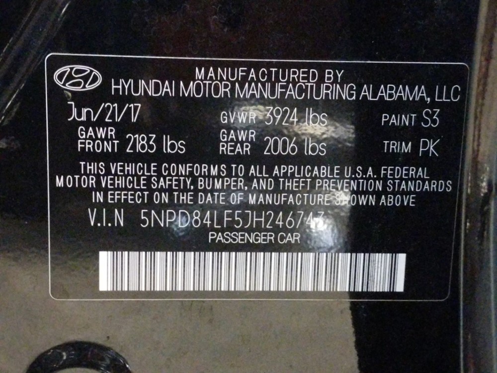 2018 Hyundai Elantra - VIN Plate
