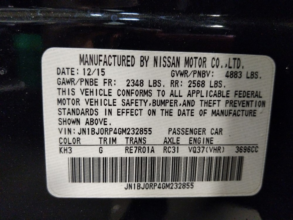 2016 INFINITI QX50 - VIN Plate