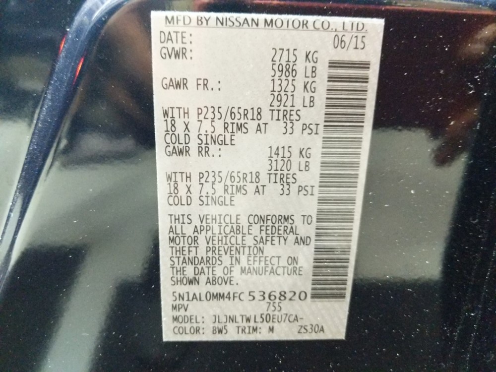 2015 INFINITI QX60 - VIN Plate
