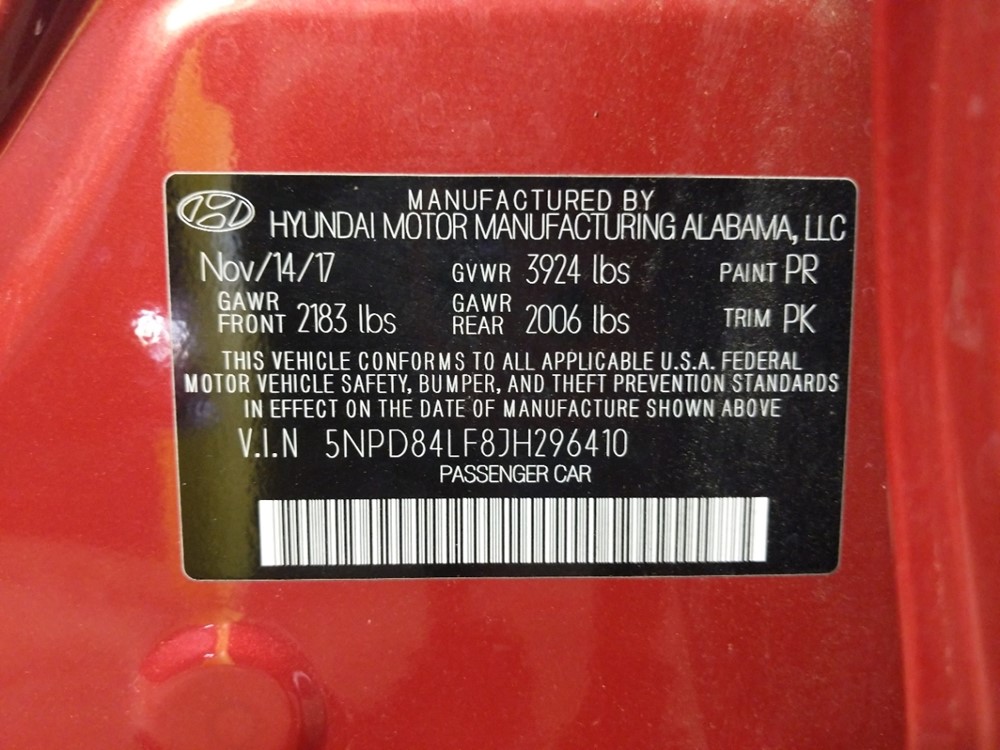 2018 Hyundai Elantra - VIN Plate