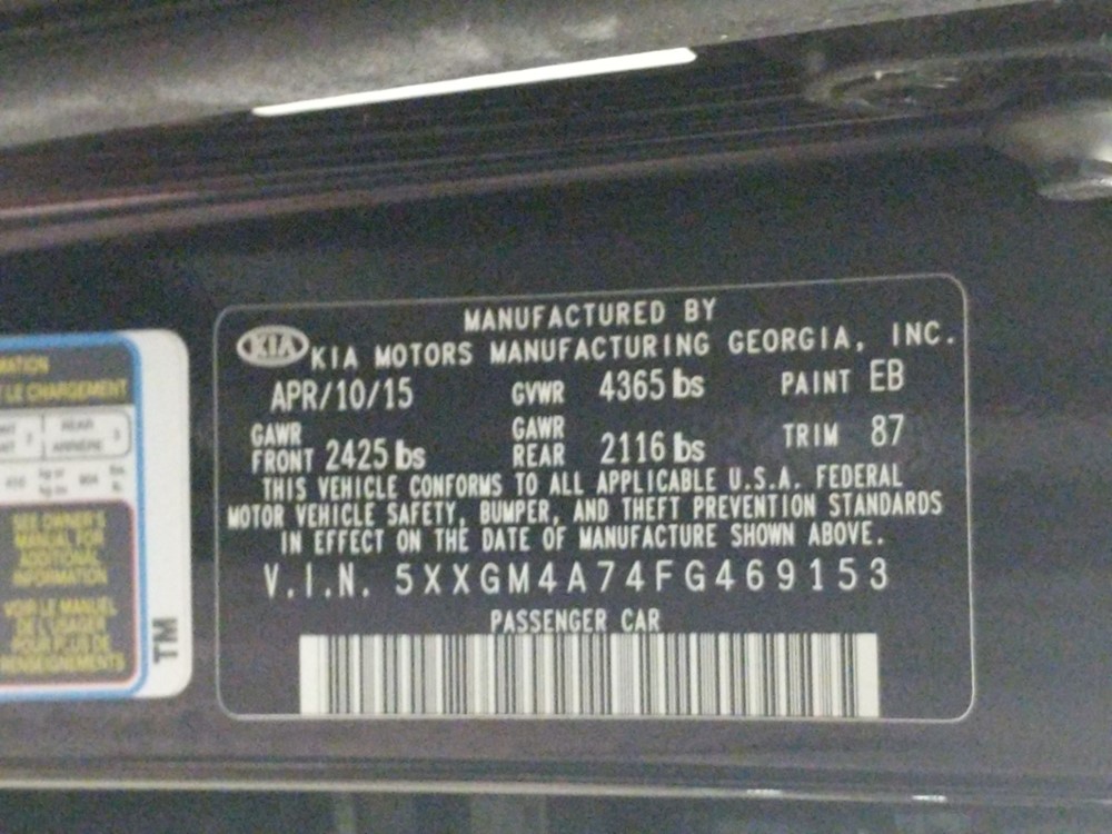 2015 Kia Optima - VIN Plate