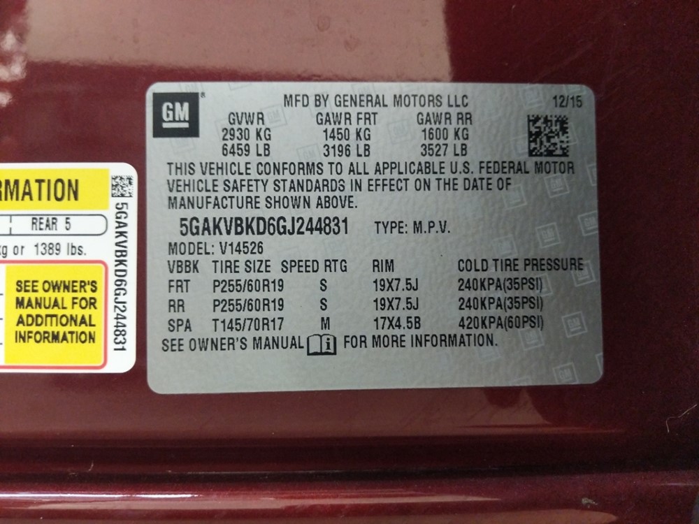 2016 Buick Enclave - VIN Plate