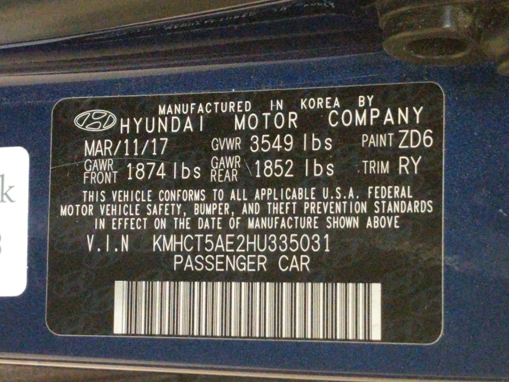 2017 Hyundai Accent - VIN Plate