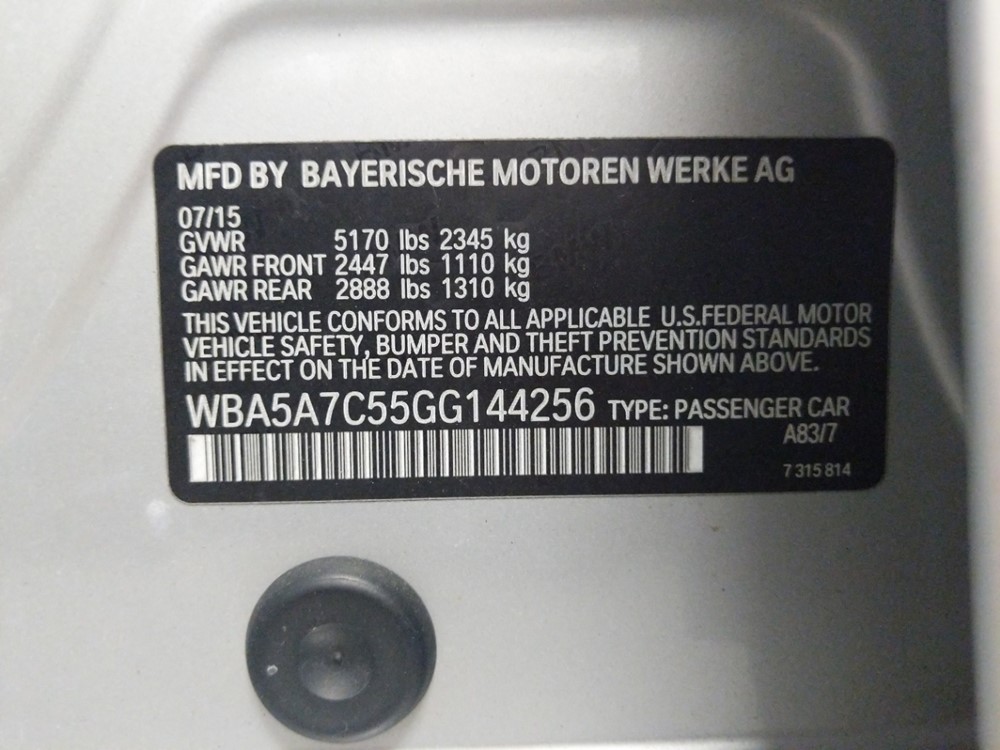 2016 BMW 528i - VIN Plate