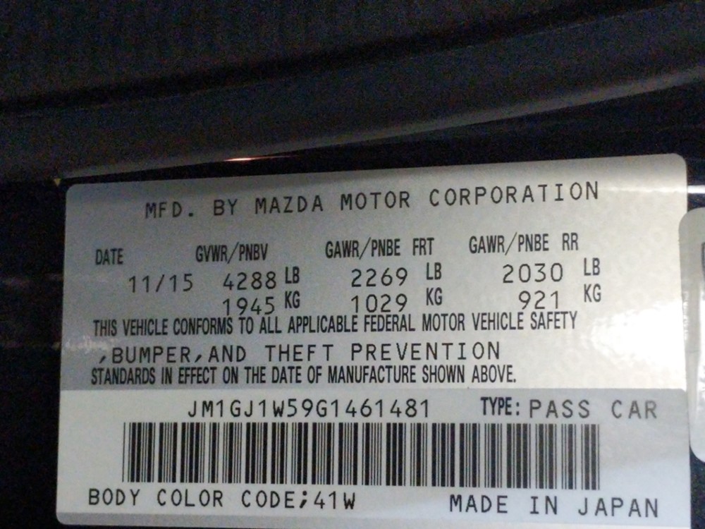 2016 Mazda Mazda6 - VIN Plate