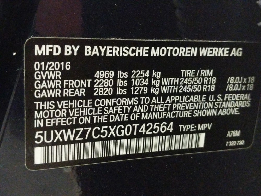2016 BMW X3 - VIN Plate