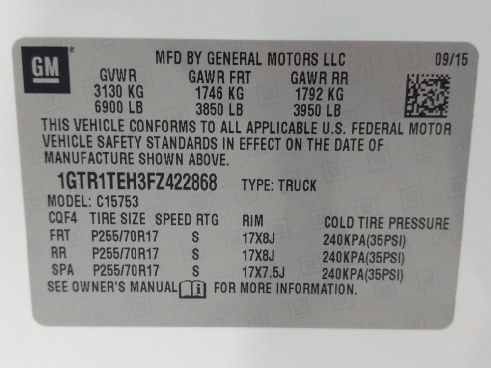 2015 GMC Sierra 1500 - VIN Plate