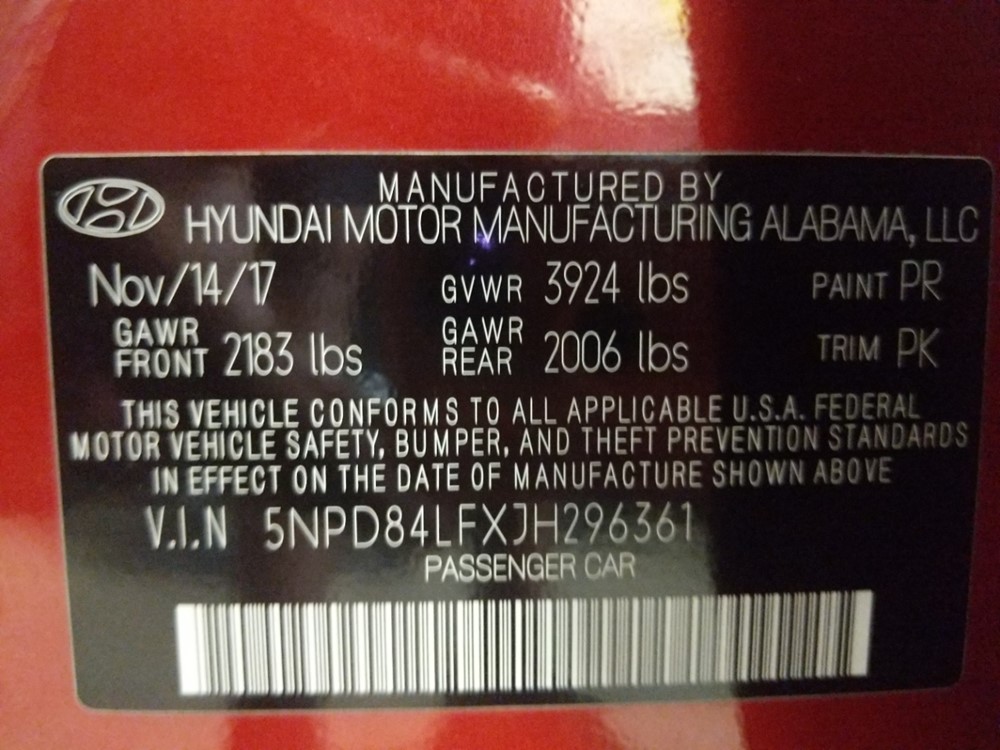 2018 Hyundai Elantra - VIN Plate