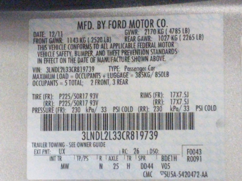 2012 Lincoln MKZ - VIN Plate