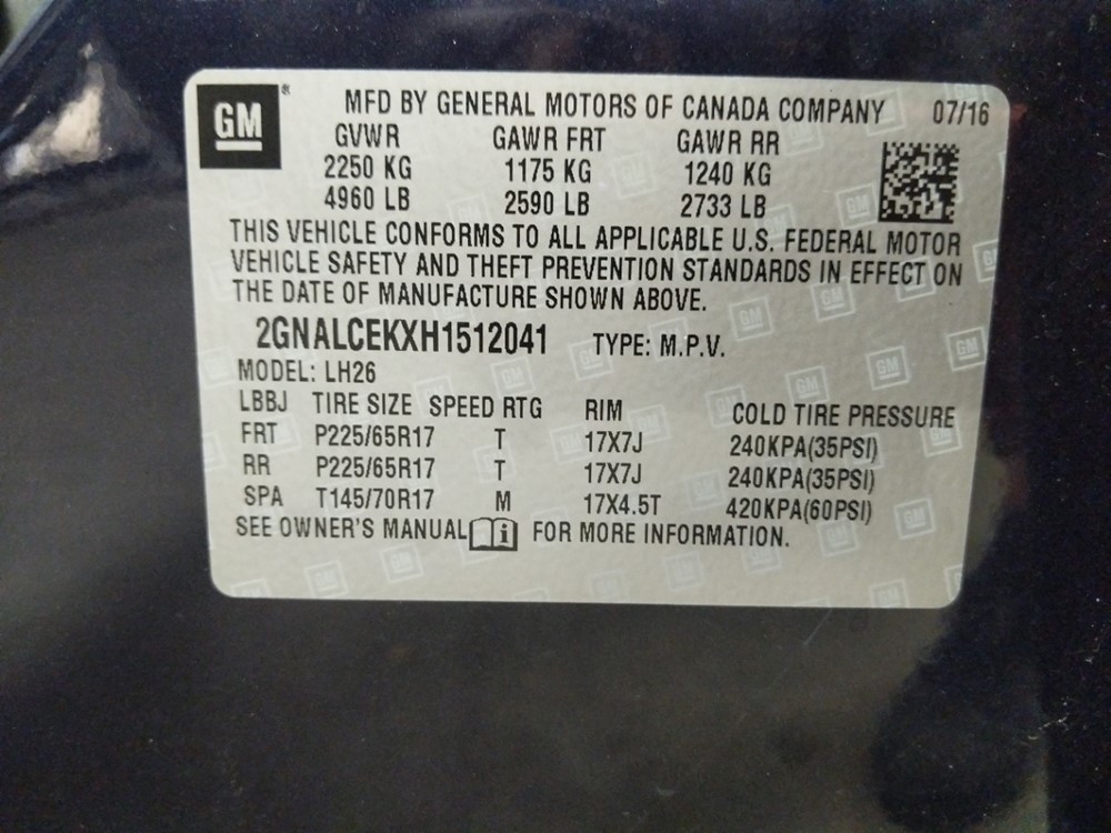 2017 Chevrolet Equinox - VIN Plate