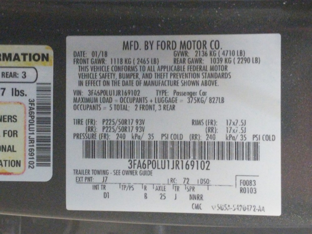 2018 Ford Fusion - VIN Plate