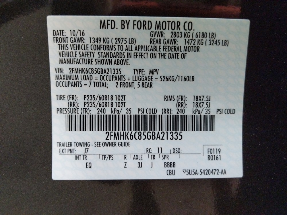2016 Ford Flex - VIN Plate