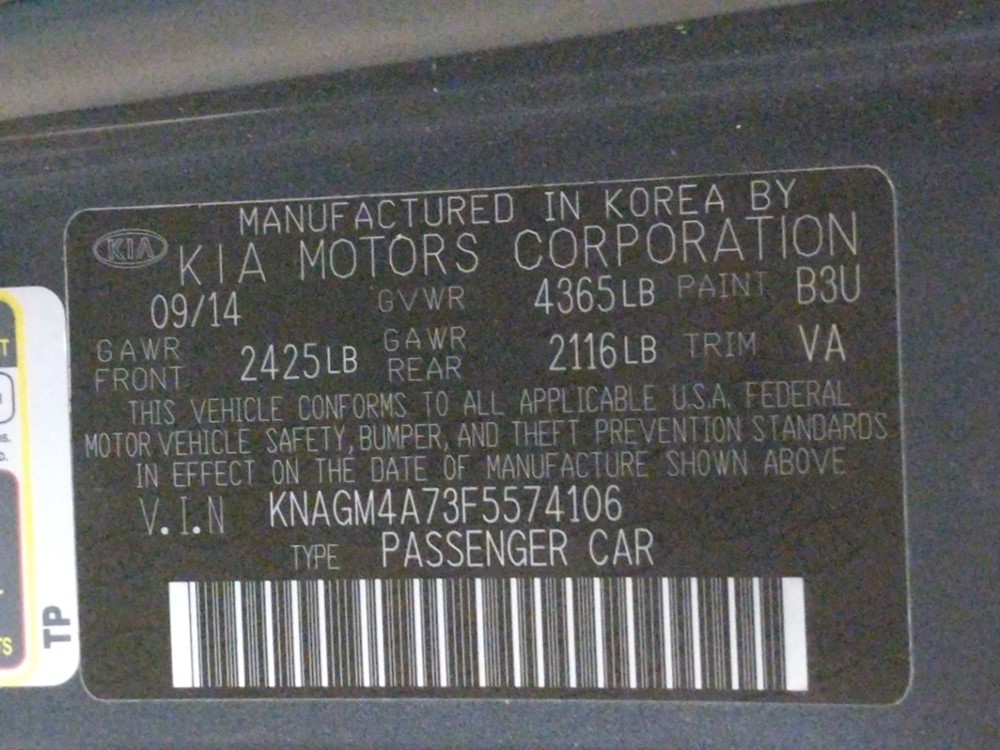2015 Kia Optima - VIN Plate