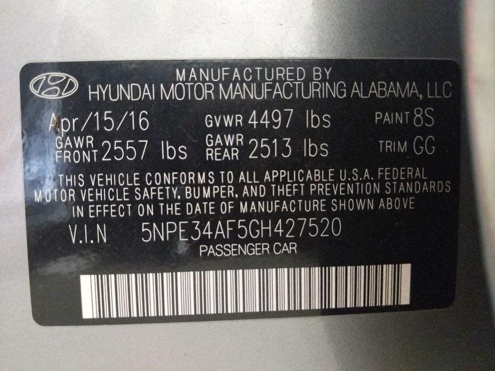 2016 Hyundai Sonata - VIN Plate