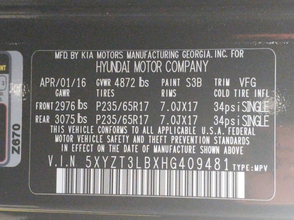 2017 Hyundai Santa Fe - VIN Plate