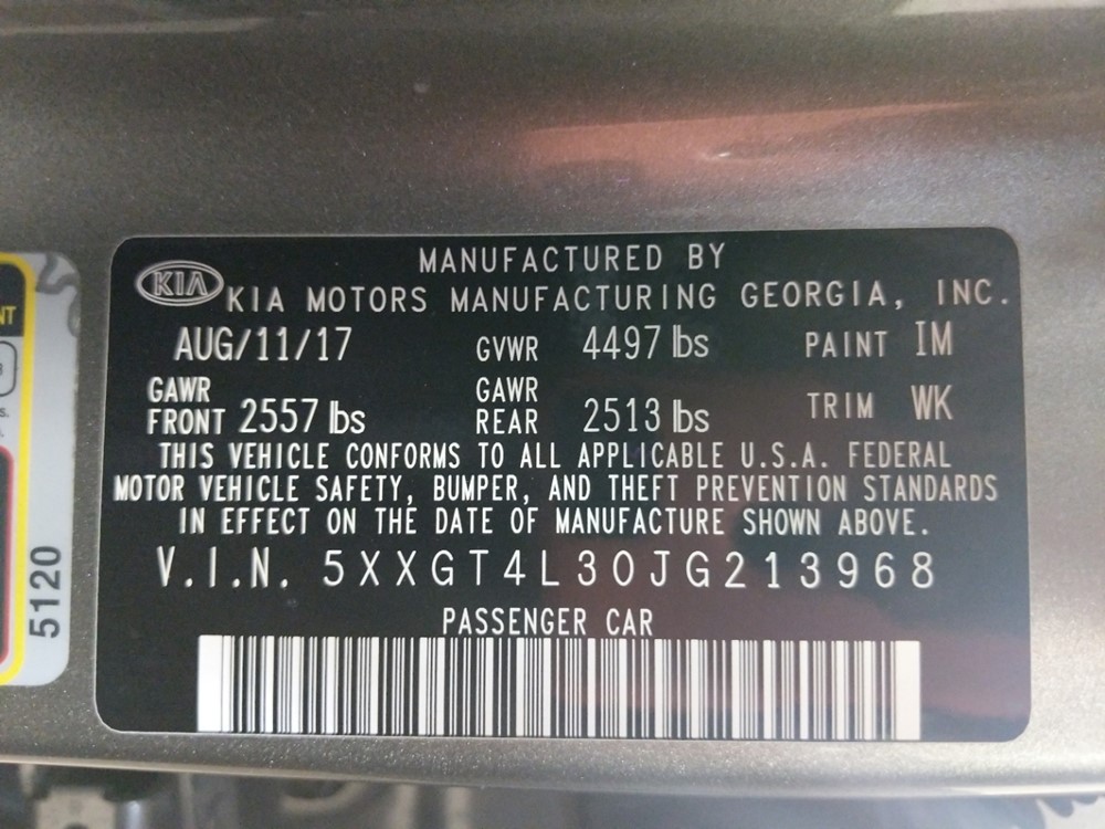 2018 Kia Optima - VIN Plate