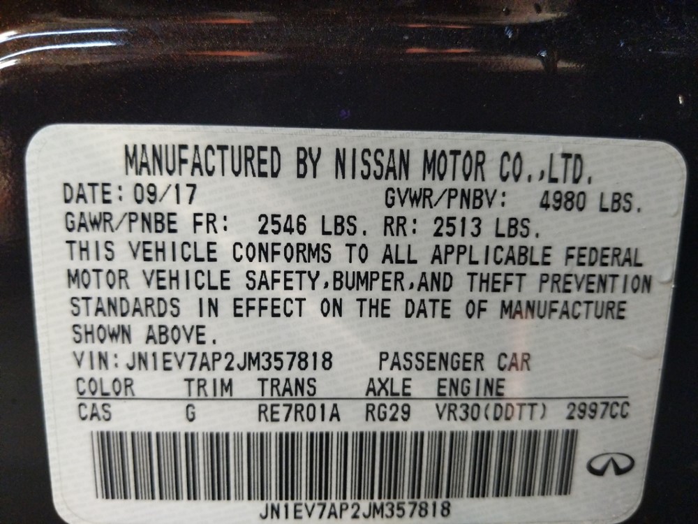 2018 INFINITI Q50 - VIN Plate