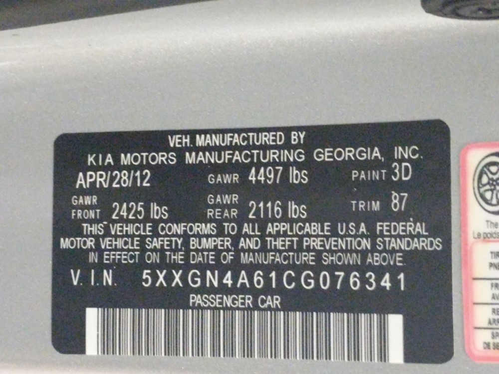 2012 Kia Optima - VIN Plate