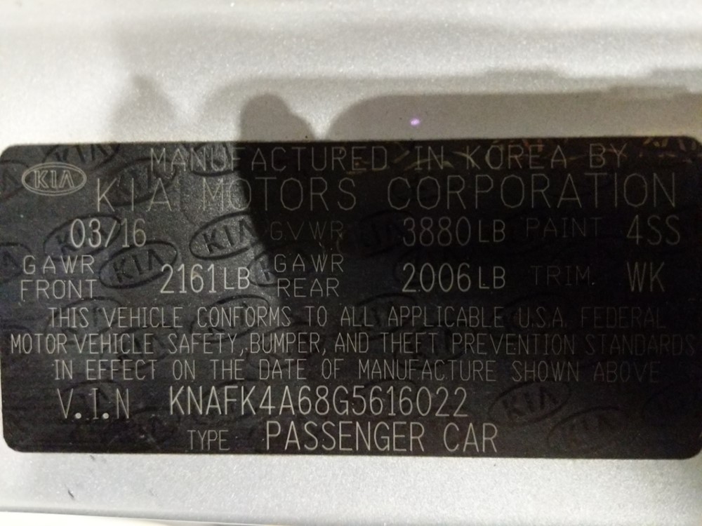2016 Kia Forte - VIN Plate