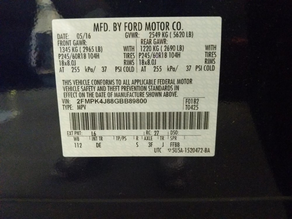2016 Ford Edge - VIN Plate