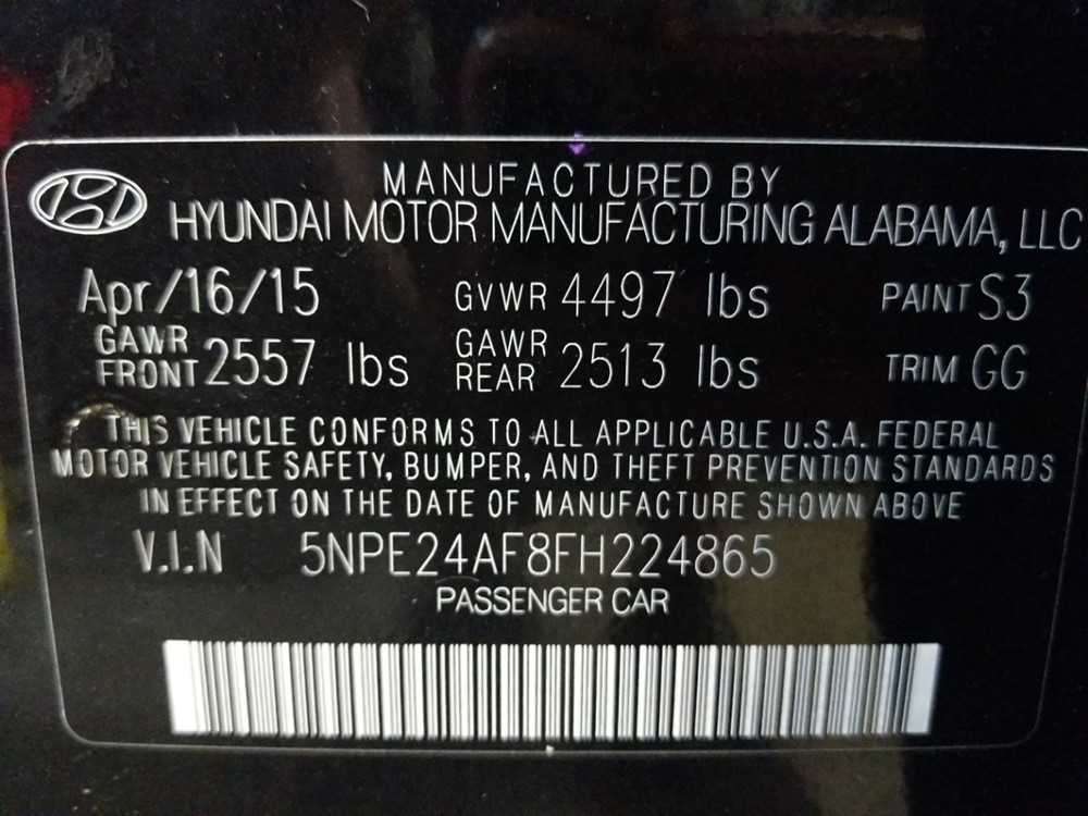 2015 Hyundai Sonata - VIN Plate