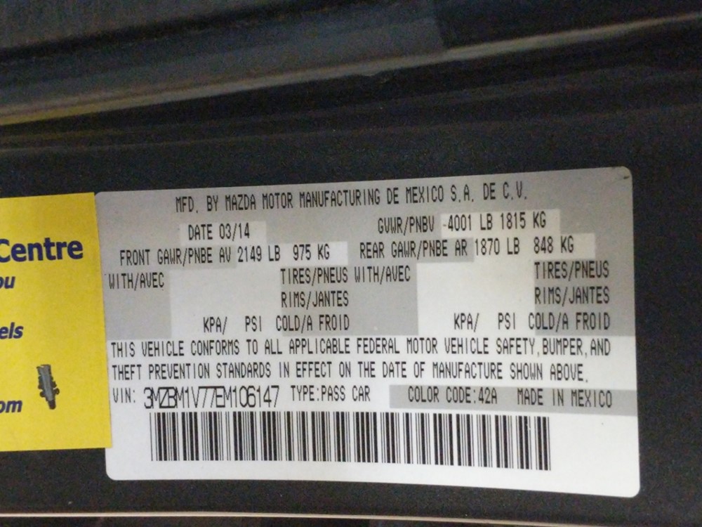 2014 Mazda Mazda3 - VIN Plate