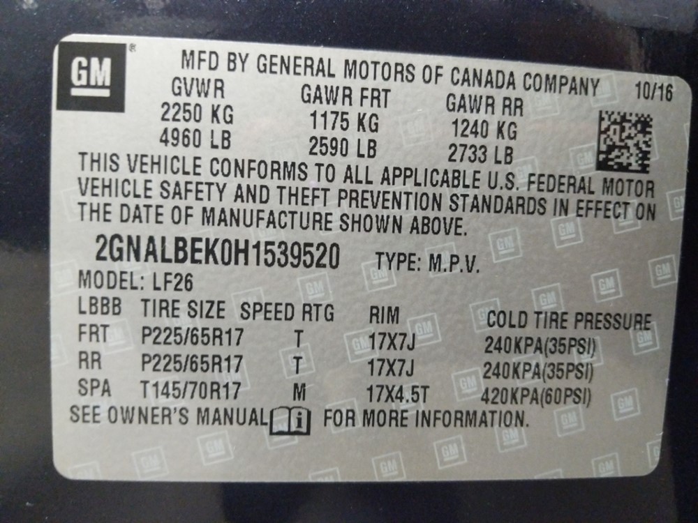 2017 Chevrolet Equinox - VIN Plate