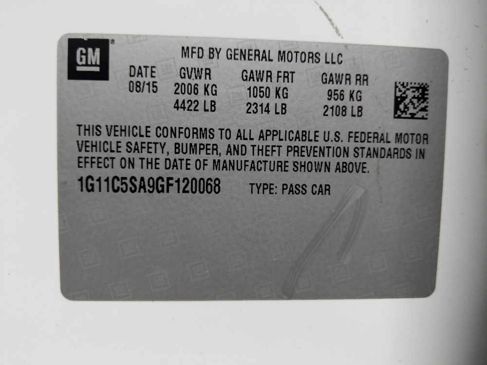 2016 Chevrolet Malibu - VIN Plate