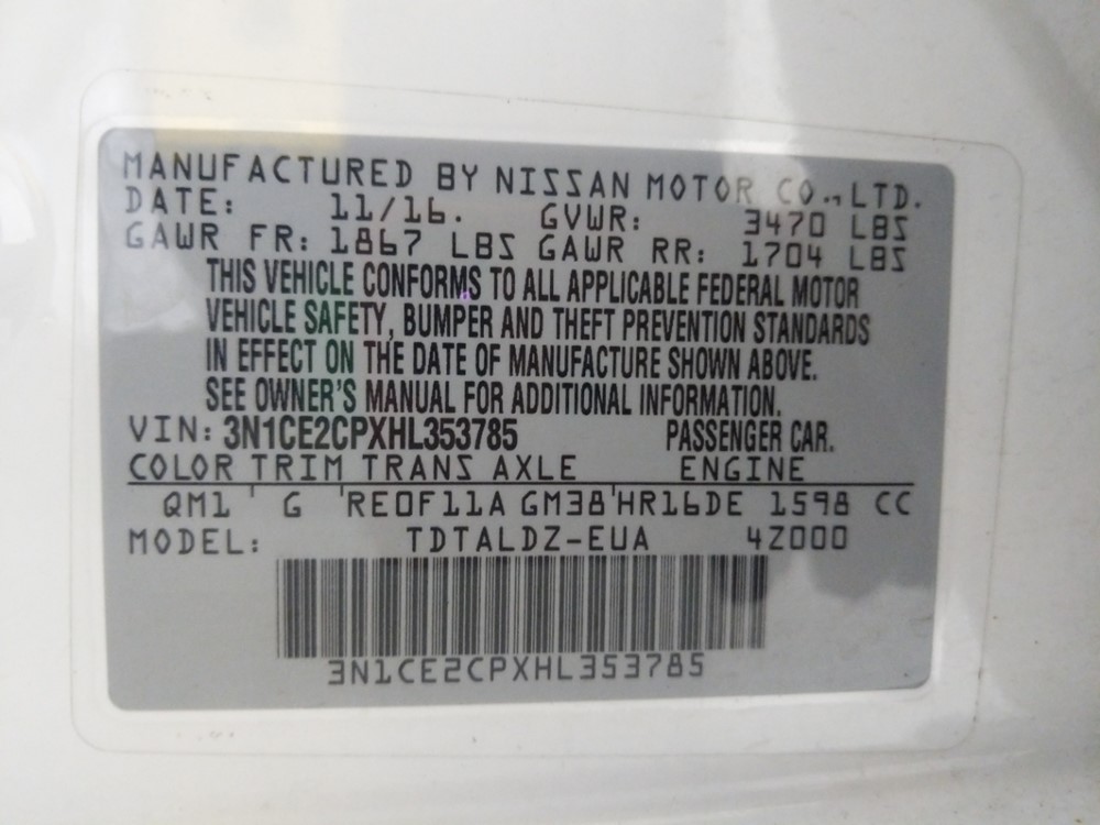 2017 Nissan Versa - VIN Plate