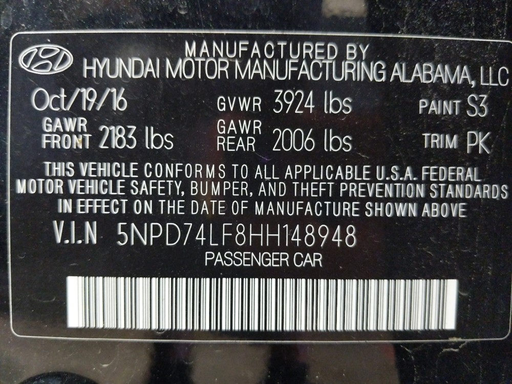 2017 Hyundai Elantra - VIN Plate