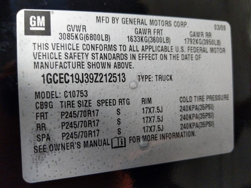 2009 Chevrolet Silverado 1500 - VIN Plate