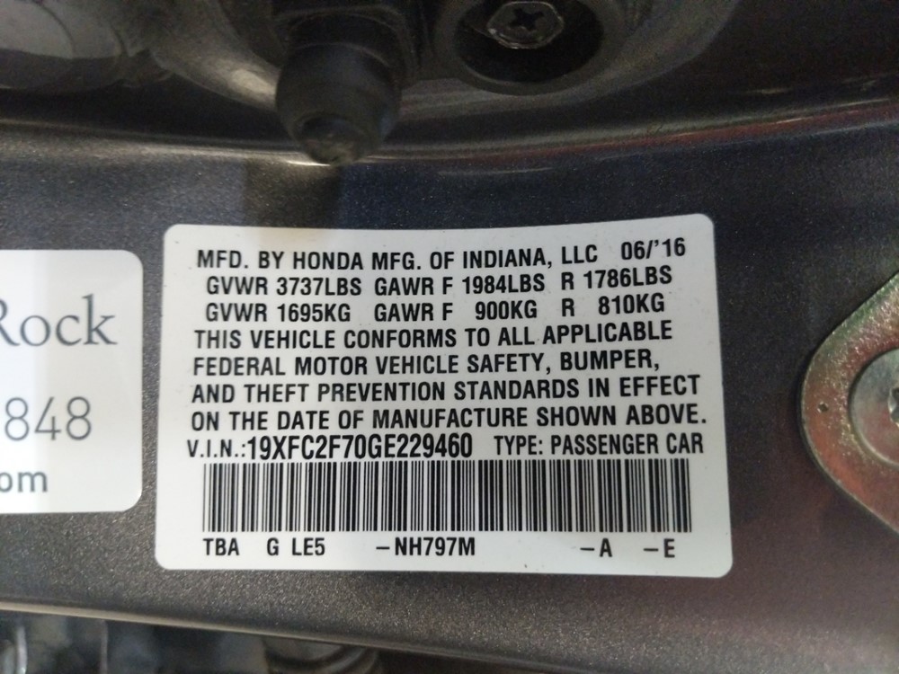 2016 Honda Civic - VIN Plate