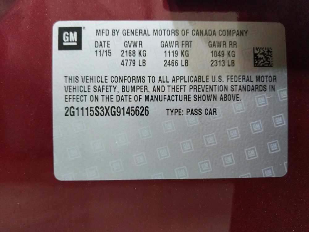 2016 Chevrolet Impala - VIN Plate