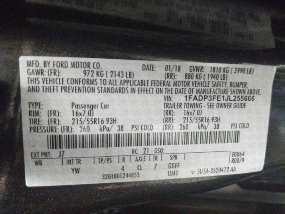 2018 Ford Focus - VIN Plate