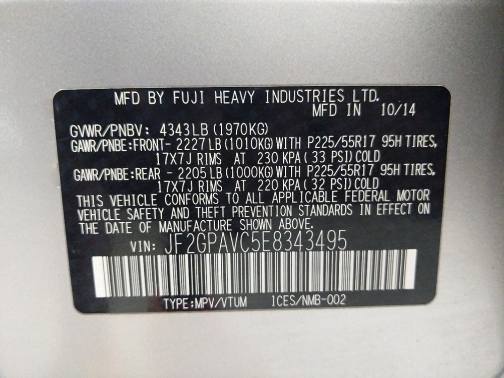 2014 Subaru XV Crosstrek - VIN Plate