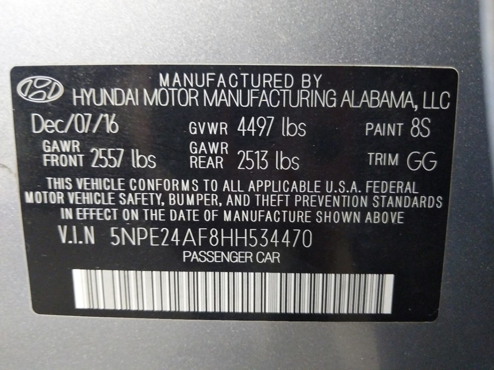 2017 Hyundai Sonata - VIN Plate