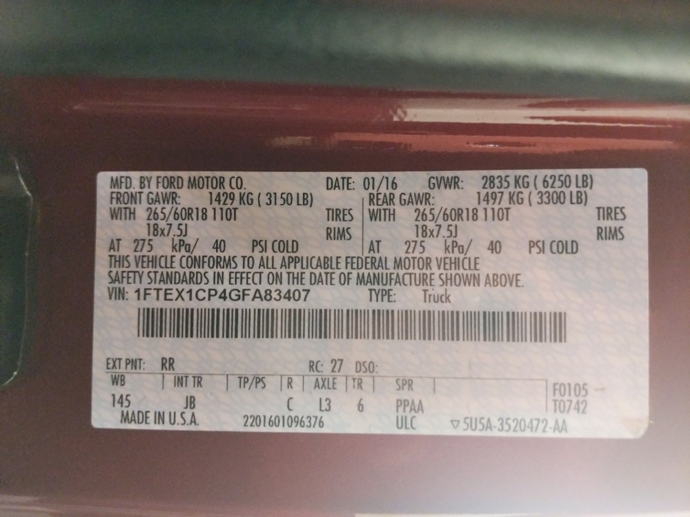 2016 Ford F-150 - VIN Plate