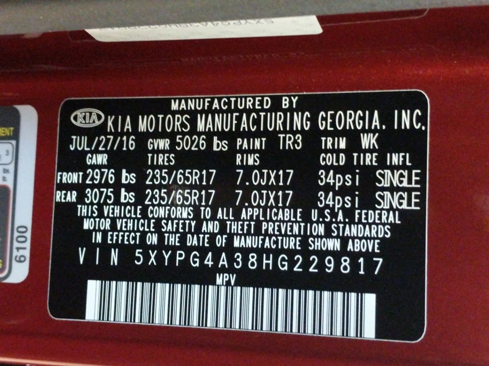 2017 Kia Sorento - VIN Plate