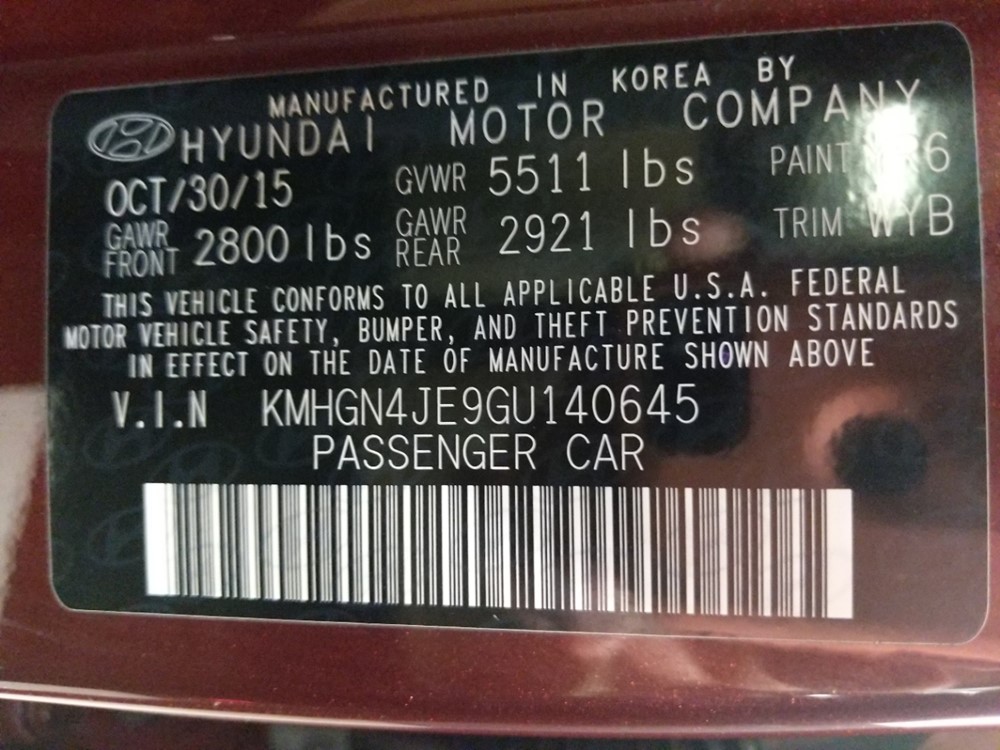 2016 Hyundai Genesis - VIN Plate