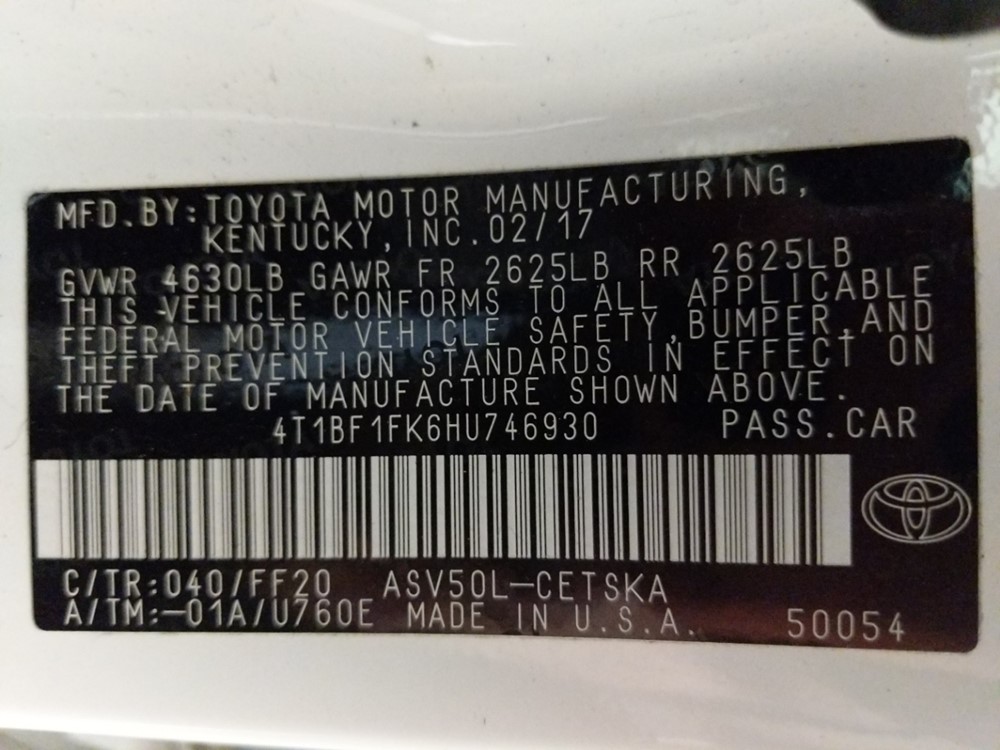 2017 Toyota Camry - VIN Plate