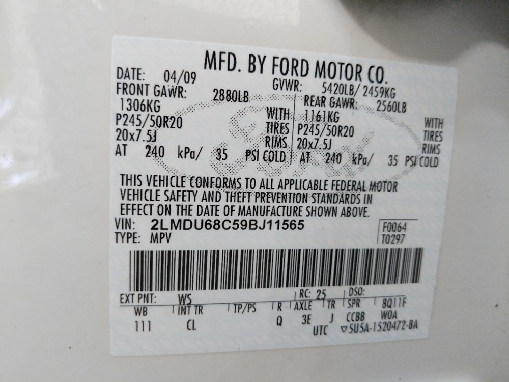 2009 Lincoln MKX - VIN Plate