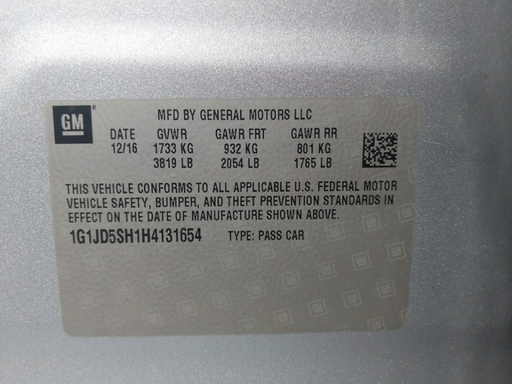 2017 Chevrolet Sonic - VIN Plate